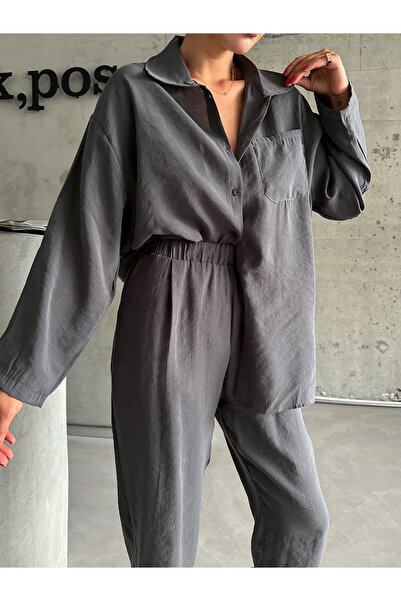 Laluvia Brown Modal Fabric Shirt Trousers Set