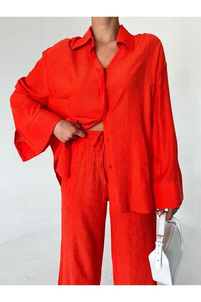 Laluvia Narancssárga texturált ing és nadrág készlet