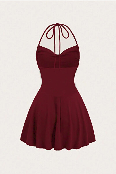 ecemore Boyundan Askılı Bordo Mini Elbise S7053