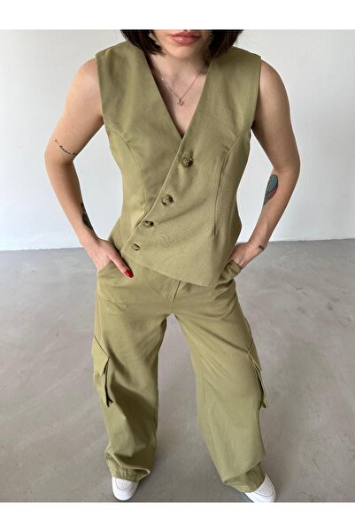 Laluvia Stone Color Asymmetrical Buttoned Vest Pocket Detailed Trousers Set