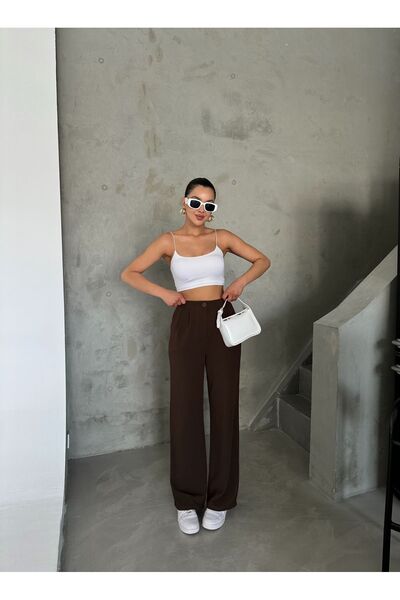 Laluvia Coffee Buttoned Pleated Detailed Palazzo Trousers