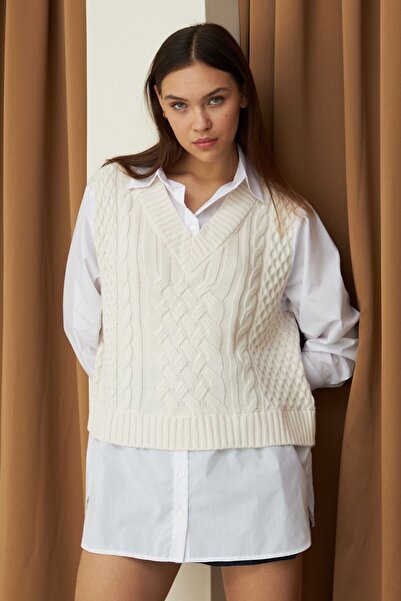 Laluvia Krémové svetrové košilové šaty