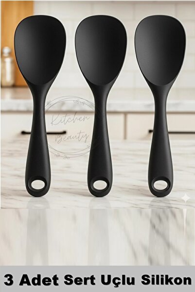 Kitchen Beauty 3 Adet Ultra Sert Uçlu Silikon Servis Pilav Tatlı Kaşığı Kaşık Seti Asılabilir Kaşık Yanmaz Yapışmaz