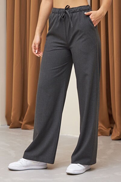 Laluvia Gray Elastic Waist Polyviscon Wide Leg Trousers