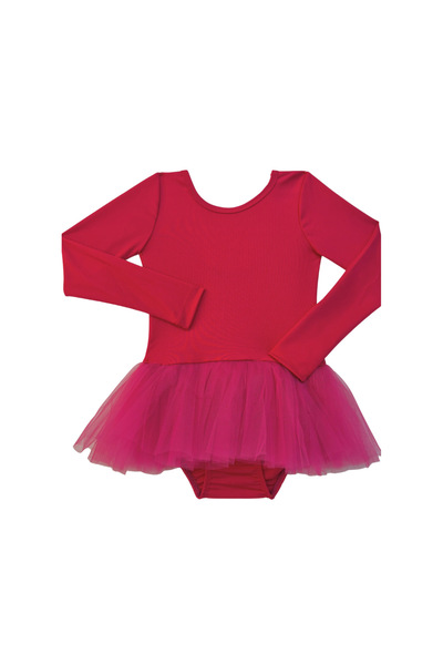 LULLY KİDS Kız Çocuk Fuşya Uzun Kol Tütü Etekli Bale ve Cimnastik Mayosu