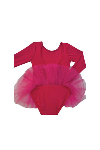 LULLY KİDS Kız Çocuk Fuşya Uzun Kol Tütü Etekli Bale ve Cimnastik Mayosu