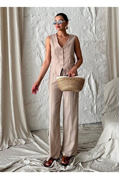 Laluvia 100% pamut vászon Mink mellény és nadrág szett