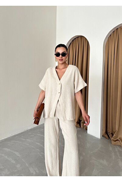 Laluvia Beige Linen Shirt and Trousers Set