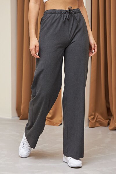 Laluvia Gray Elastic Waist Polyviscon Wide Leg Trousers