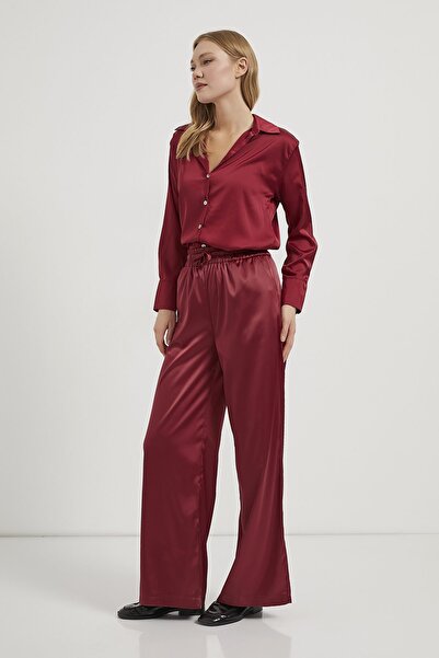 Arma Life Women's Elastic Waist Wide Leg Burgundy Satin Trousers