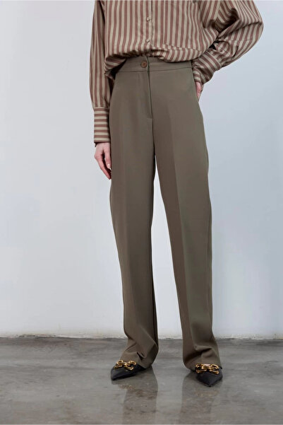 Myra Pilesiz Palazzo Paça Khaki Fabric Trousers