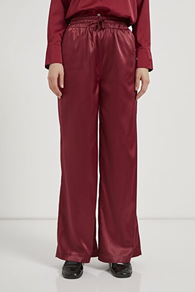 Arma Life Women's Elastic Waist Wide Leg Burgundy Satin Trousers