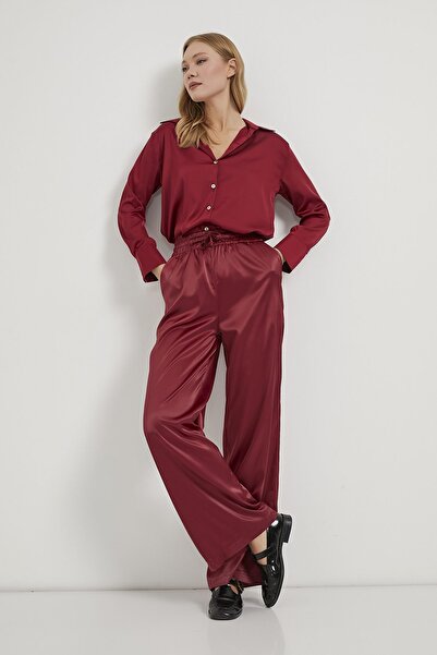 Arma Life Women's Elastic Waist Wide Leg Burgundy Satin Trousers