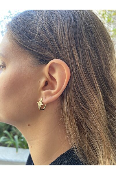 TUĞÇE TURAP Altın Renk Yıldız Taş Detaylı Kararmaz Çelik Halka Küpe 2’li – Zarif Tasarım