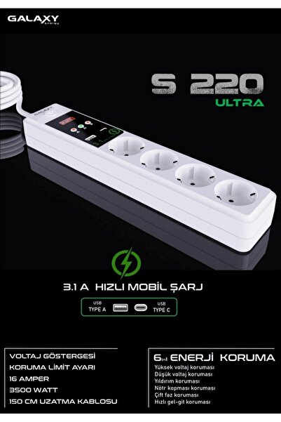 GALAXY Energy S220 ULTRA MOBİL ŞARJ SOKETLİ 4 LÜ ENERJİ KORUMA VE KONTROL CİHAZI