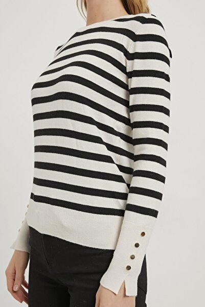 Arma Life Armalife 4696 Bis Collar Striped Sleeve Button Detail Premium Women's Sweater