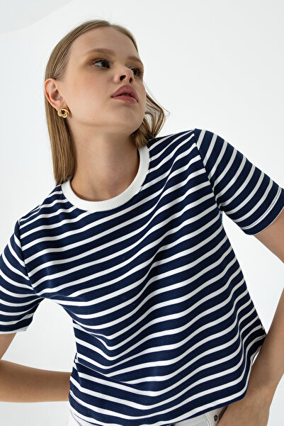 GİYSA Hanorac cu mânecă scurtă cu decolteu pentru femei, cu dungi, bleumarin ...