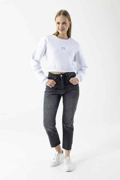 GİYSA Γυναικείο φούτερ με λαιμόκοψη με φιόγκο και κέντημα λευκό - 264423