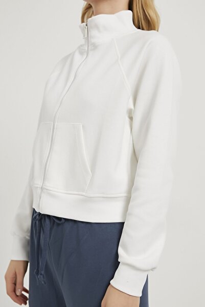 Arma Life Women's Zippered Pocket Stand Collar White Short Sweatshirt