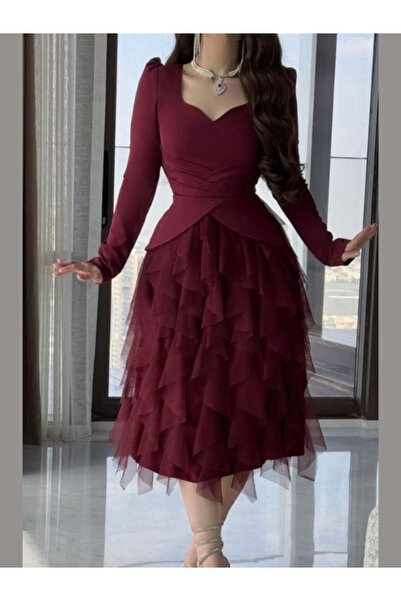 TREN Wine Red Stretchy Bodice Tulle Midi Dress Long Sleeve A-Line Cocktail Party Evening Occasion