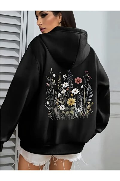 FUFLUNS Flower Back Printed Oversize Unisex Women's Kangaroo Pocket Hooded Sw...