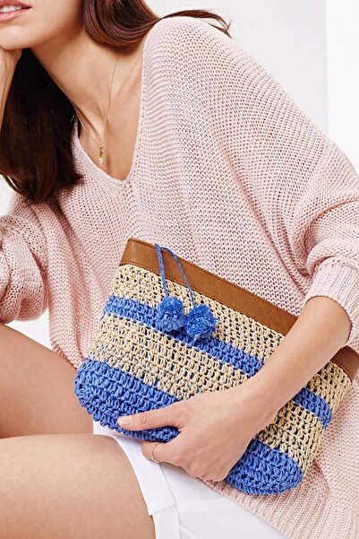 Dathcha Kadın Çizgili Clutch & Small Bag – Bej & Mavi Renk, Fermuarlı