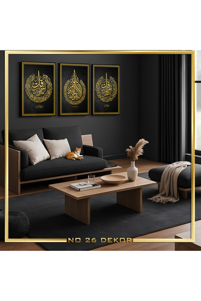 no26dekor 3’lü Dini Cam Tablo Seti Gold (Felak-Nas- Ayet-el Kürsi)