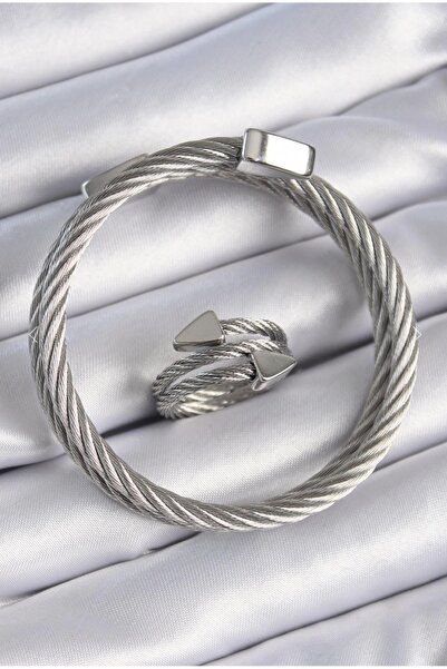 İnci 316L Çelik Gümüş Renk Sarmal Model Erkek Bileklik Yüzük Kombini