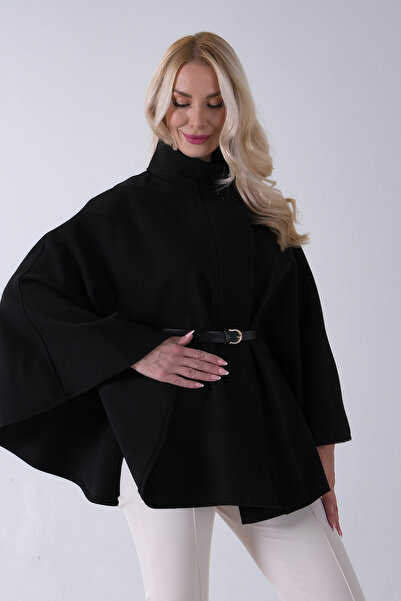 Feminist Hakim Yaka Tek Düğmeli Kemerli Panço Siyah 31050725