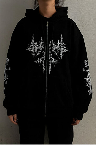 Gofeel Gothic Baskılı Oversize Fermuarlı Siyah Unisex Kapüşonlu Hırka