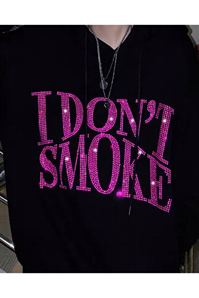 Gofeel Unisex Oversize I Dont Smoke Parıltılı Taş Baskılı Sweatshirt