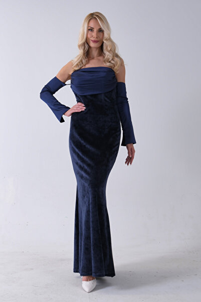 Feminist Drapeli Takma Kol Detaylı Kadife Abiye Lacivert 0801068