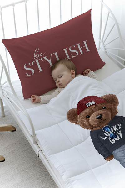 Tuğba Kuğu Organik Baskılı Montessori Yorgan Seti - Pure Baby Serisi - Sportmen Ayıcık