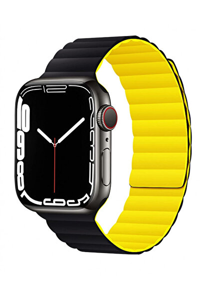 QuTek Magnetic silicone strap, compatible with Apple Watch 7/6/5/4/3 Display 42/44/45 mm, Black/yellow