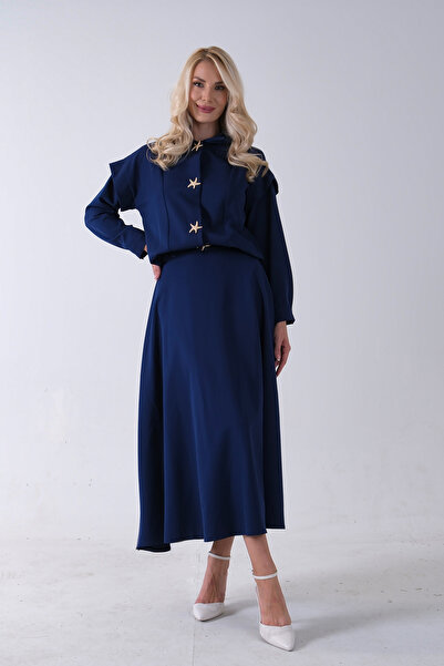 Feminist Beli Lastikli Deniz Yıldızı Çıt Çıt Kapamalı Ceket Detaylı Etekli Takım Lacivert 4592269