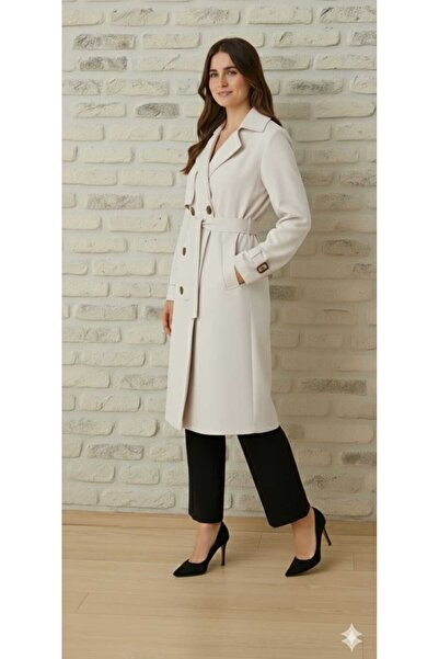 MİSMOLY Bondit Kumaş Kuşaklı Düğmeli Cepli Kadın Trençkot