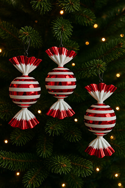 CN زينة شجرة عيد الميلاد من الصنوبر باللونين الأحمر والأبيض، 3 قطع، مقاس 20 س...