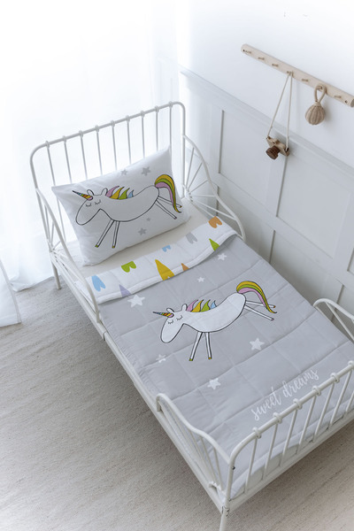 Tuğba Kuğu Organic Printed Baby (100X150) Quilt Set - Pure Baby Series - Doodle Unicorn