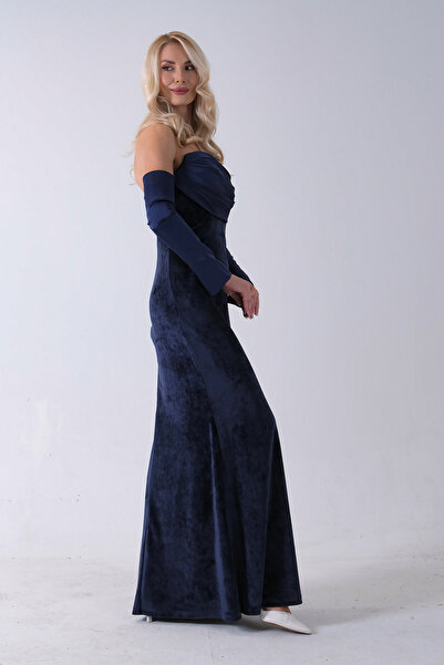 Feminist Drapeli Takma Kol Detaylı Kadife Abiye Lacivert 0801068