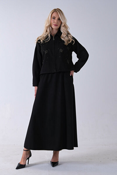 Feminist Ceket Fermuar Kapamalı Üzeri Taş Detaylı Etekli Kadife Takım Siyah 4577264
