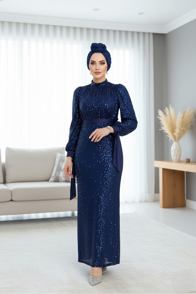 ALA MİRA Pul Payet Lacivert Tesettür Abiye Elbise ALM4667L