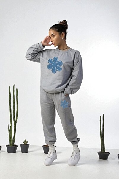 Wish BF Oversize Blue Floral Printed Hooded Tracksuit Set Winter Cotton Lined