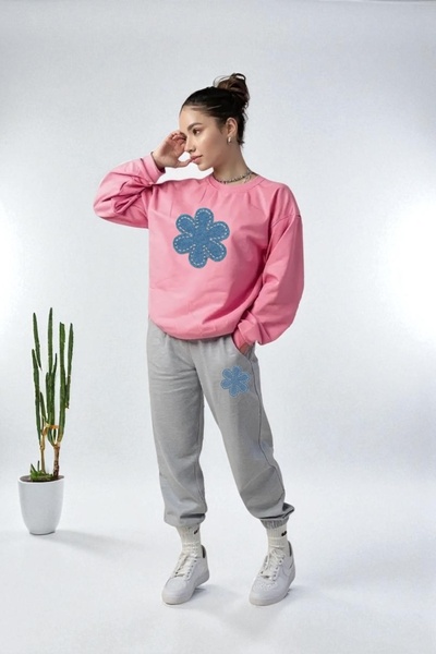 Wish BF supradimensionat Set de trening Blue Flower cu imprimeu cu glugă pent...