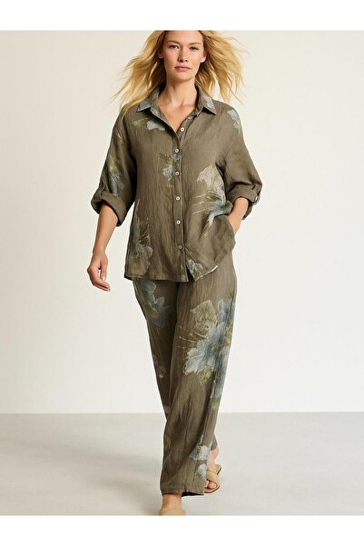 Hanımefendi Butik İtalyan Çiçek Desenli Keten Takım - SOLUK KAHVERENGİ
