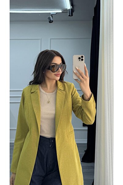 Daves Yağ Yeşili Düğmesiz Keten Blazer Ceket