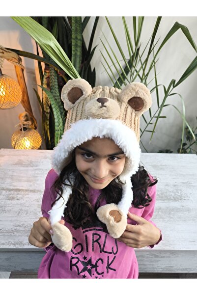 Şimo Butik Children's Long Pompom Quality Plush Bear Figured Beret with Plush Lining Inside
