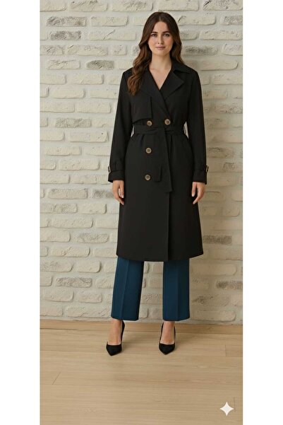 MİSMOLY Bondit Kumaş Kuşaklı Düğmeli Cepli Kadın Trençkot