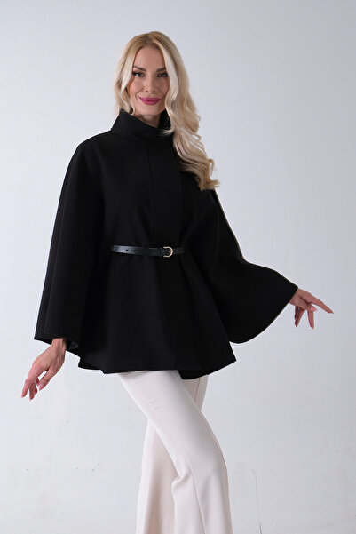 Feminist Hakim Yaka Tek Düğmeli Kemerli Panço Siyah 31050725