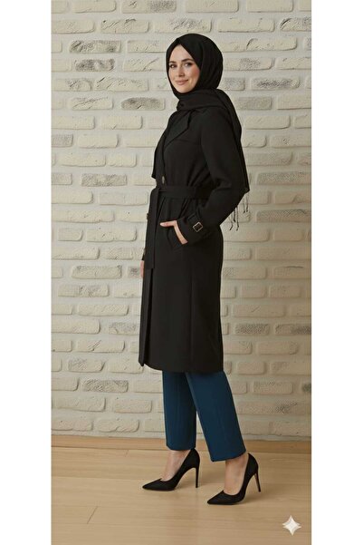 MİSMOLY Bondit Kumaş Kuşaklı Düğmeli Cepli Kadın Trençkot