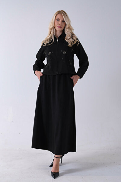 Feminist Ceket Fermuar Kapamalı Üzeri Taş Detaylı Etekli Kadife Takım Siyah 4577264